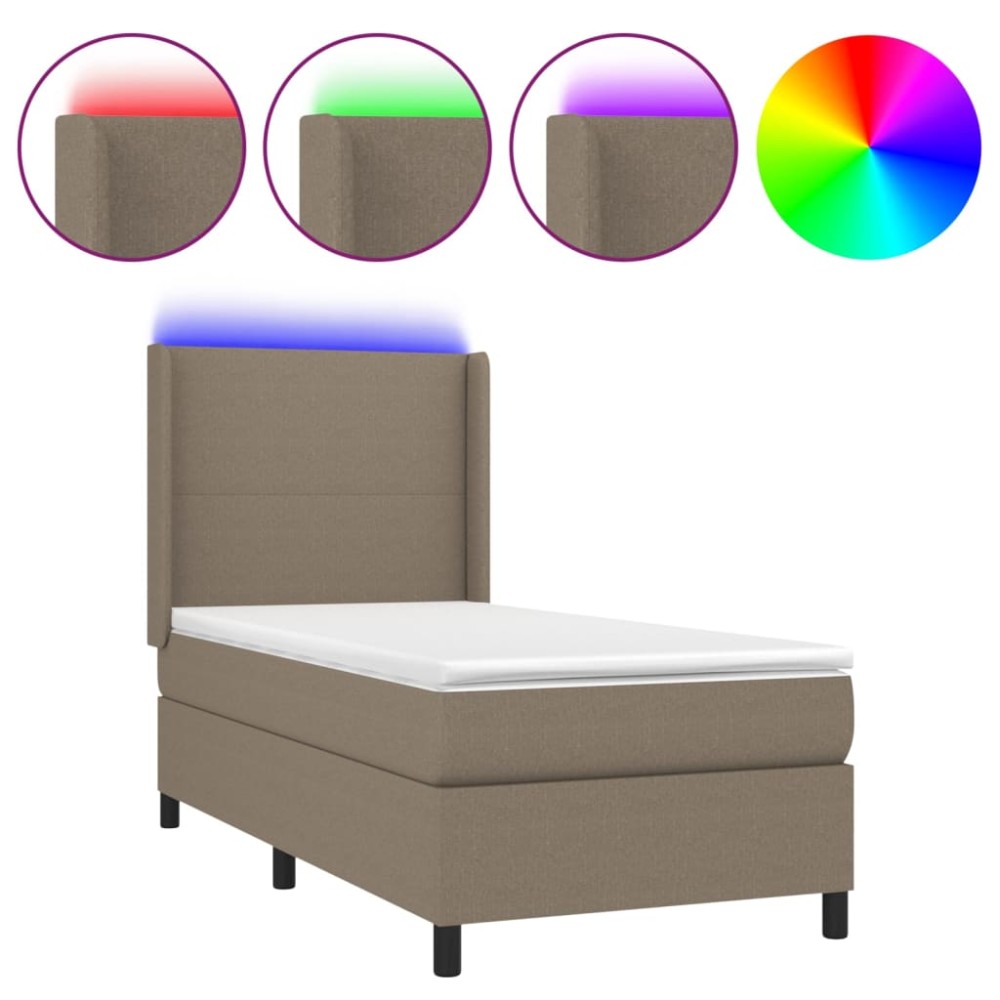 vidaXL Pat cu arcuri, saltea și LED, gri taupe, 90x200 cm, textil