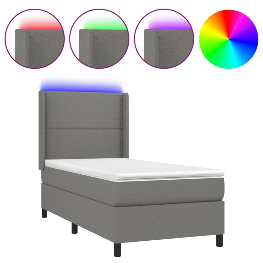 vidaXL Pat cu arcuri, saltea și LED, gri închis, 90x190 cm, textil