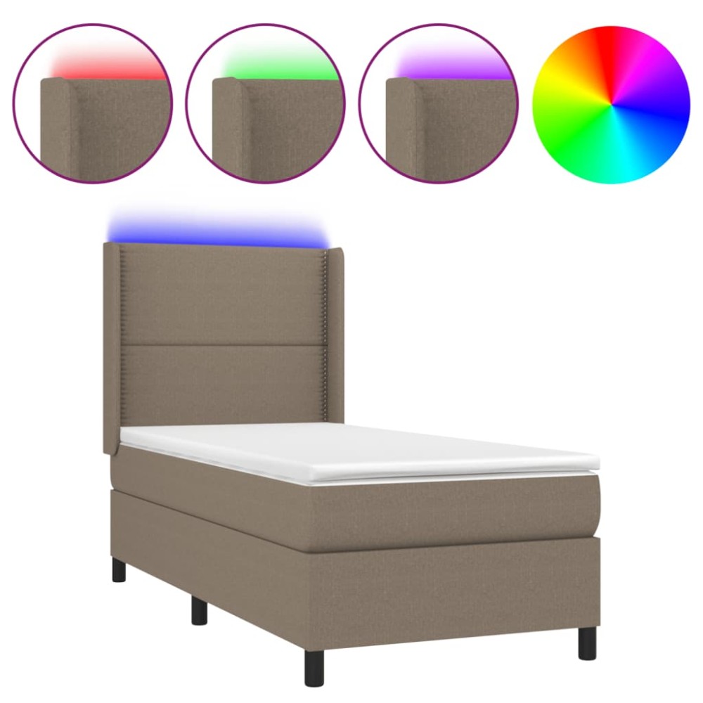 vidaXL Pat cu arcuri, saltea și LED, gri taupe, 90x190 cm, textil