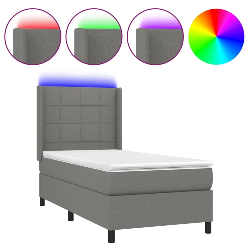vidaXL Pat cu arcuri, saltea și LED, gri închis, 90x190 cm, textil