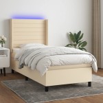 vidaXL Pat cu arcuri, saltea și LED, crem, 90x200 cm, textil
