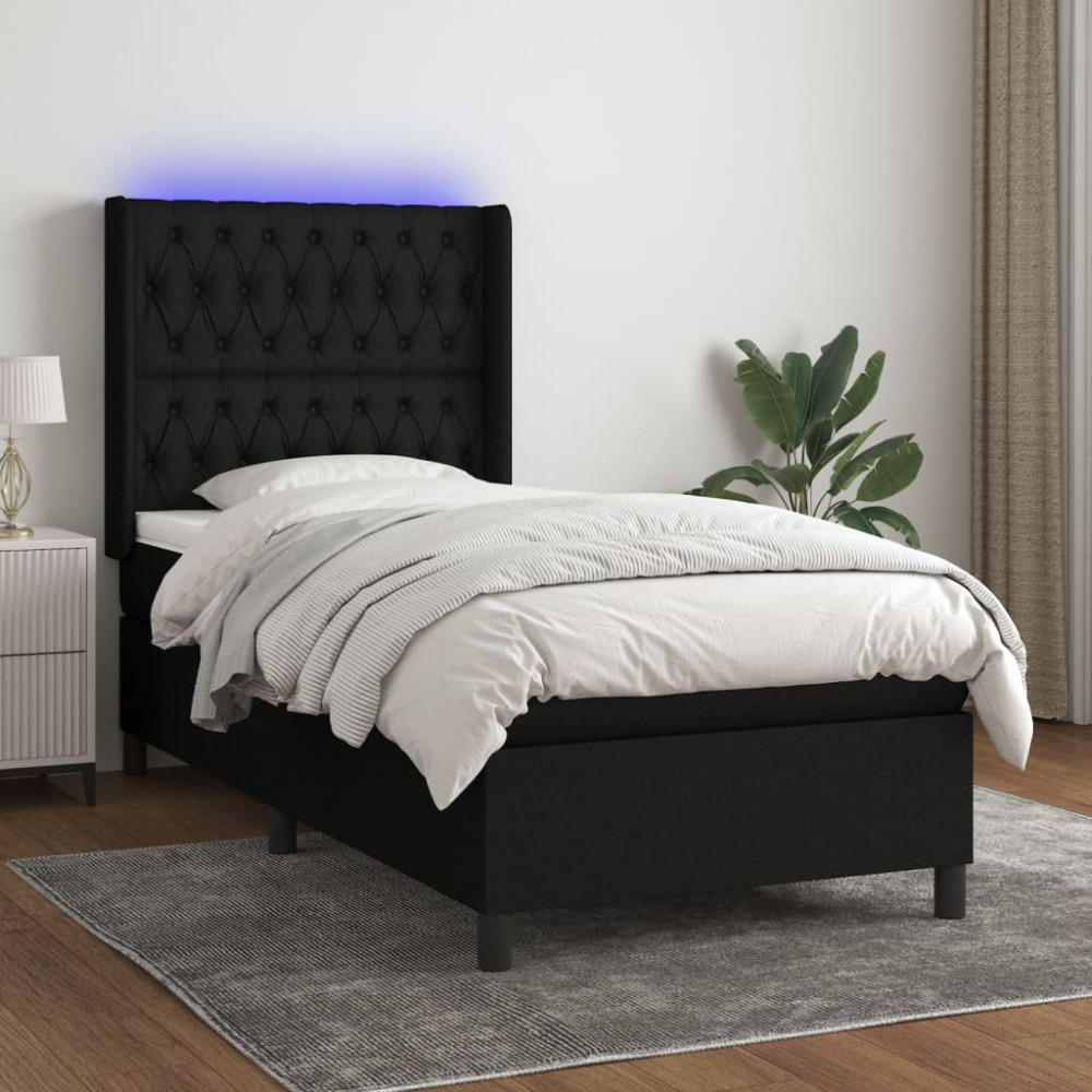 vidaXL Pat cu arcuri, saltea și LED, negru, 90x200 cm, textil