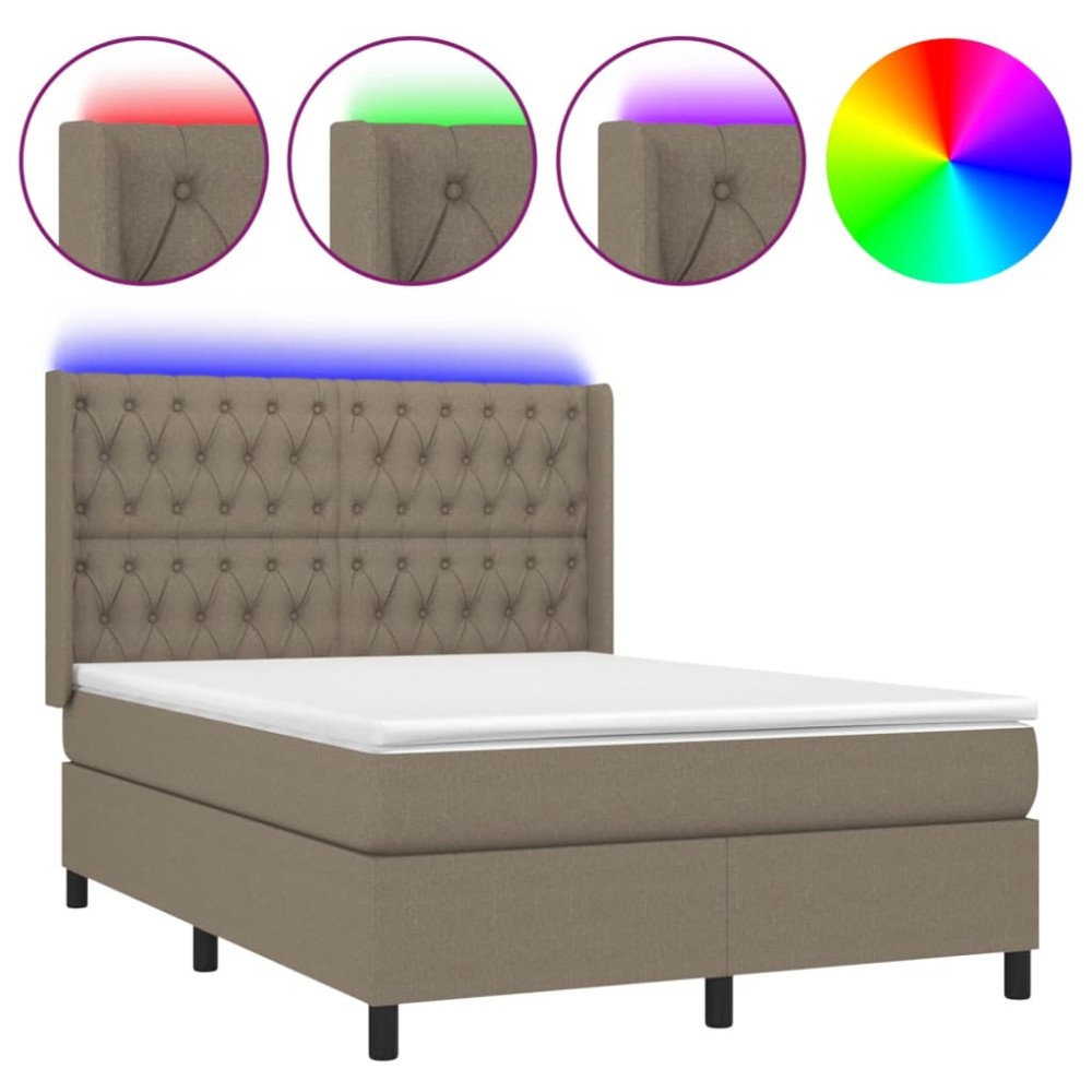 vidaXL Pat cu arcuri, saltea și LED, gri taupe, 140x190 cm, textil