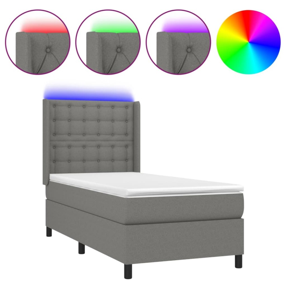 vidaXL Pat cu arcuri, saltea și LED, gri închis, 90x190 cm, textil
