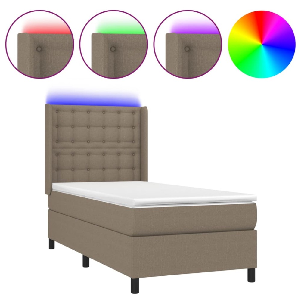 vidaXL Pat cu arcuri, saltea și LED, gri taupe, 90x200 cm, textil