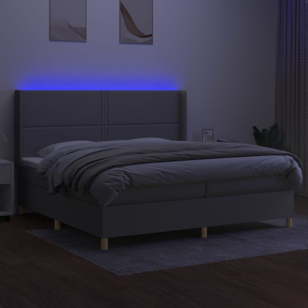 vidaXL Pat cu arcuri, saltea și LED, gri deschis, 200x200 cm, textil