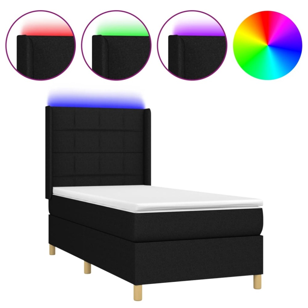 vidaXL Pat cu arcuri, saltea și LED, negru, 90x200 cm, textil
