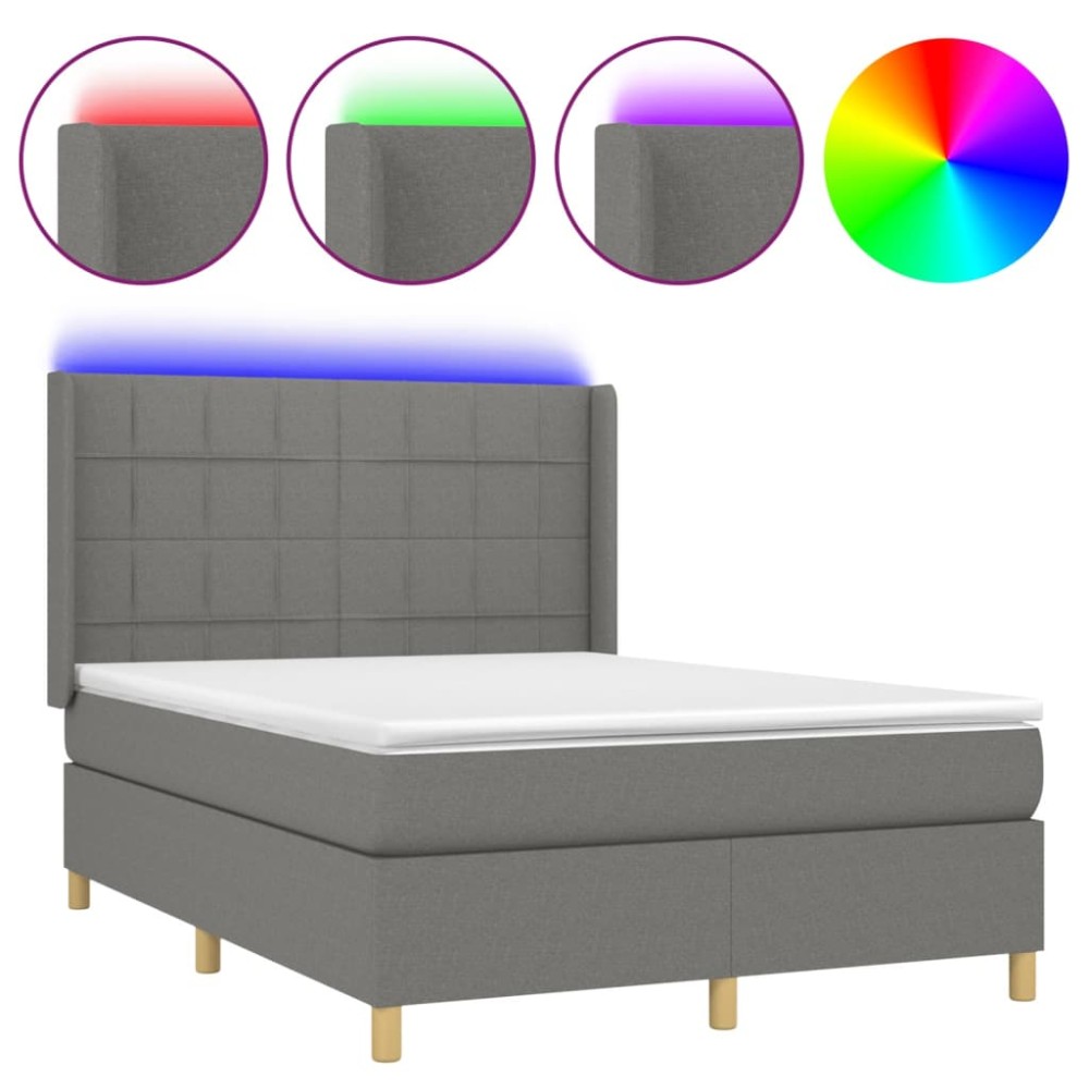 vidaXL Pat cu arcuri, saltea și LED, gri închis, 140x190 cm, textil