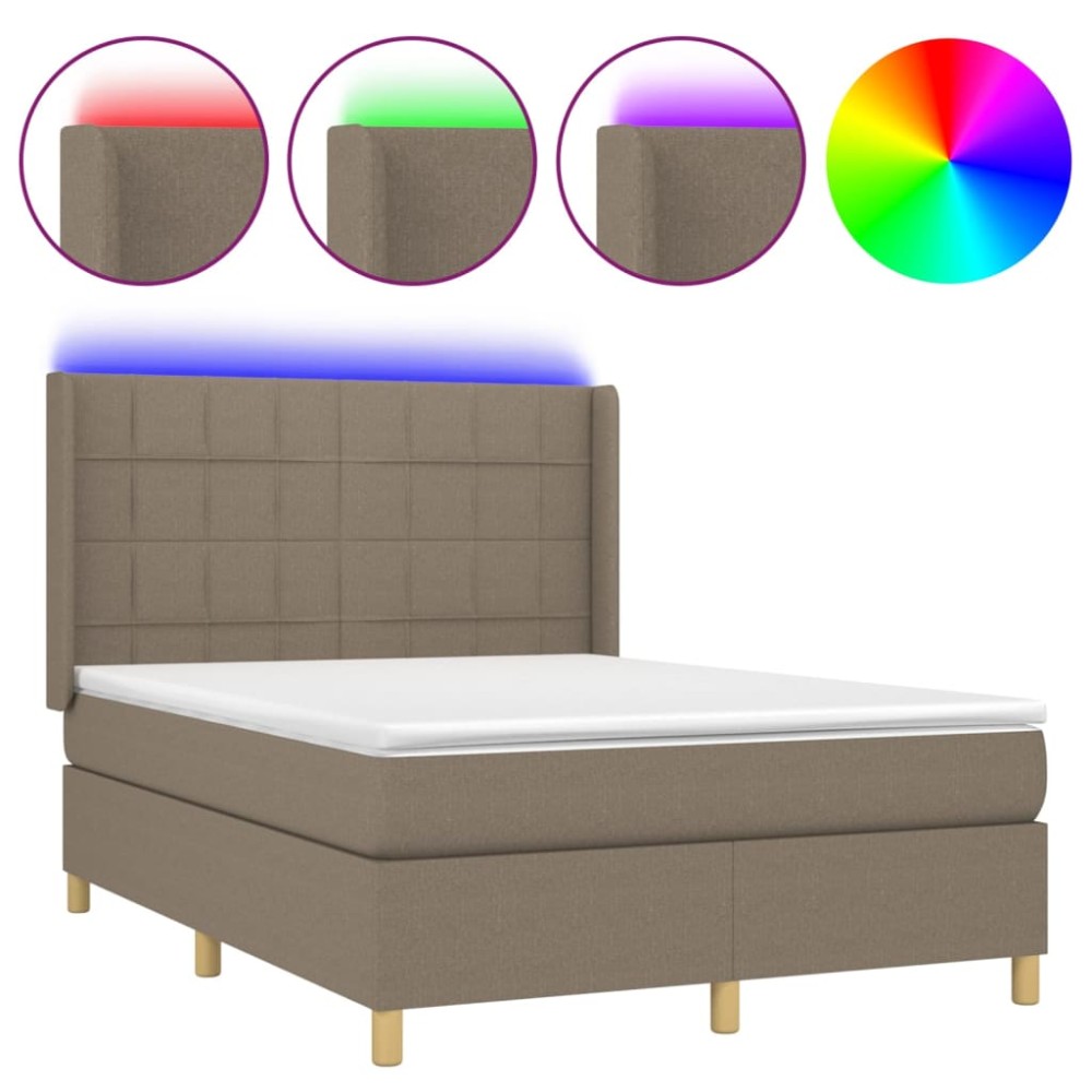 vidaXL Pat cu arcuri, saltea și LED, gri taupe, 140x190 cm, textil