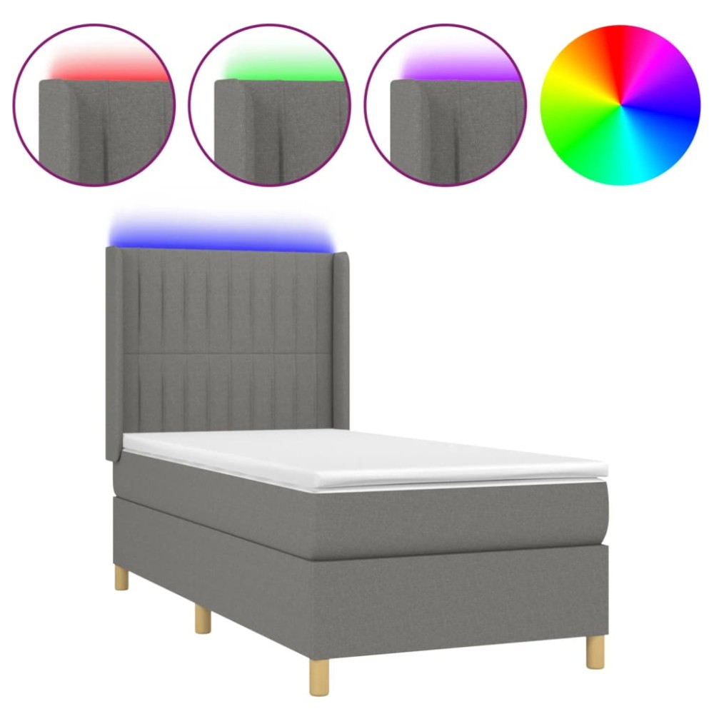 vidaXL Pat cu arcuri, saltea și LED, gri închis, 90x190 cm, textil