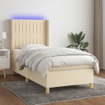 vidaXL Pat cu arcuri, saltea și LED, crem, 90x200 cm, textil vidaXL Pat cu arcuri, saltea și LED, crem, 90x200 cm, textil
