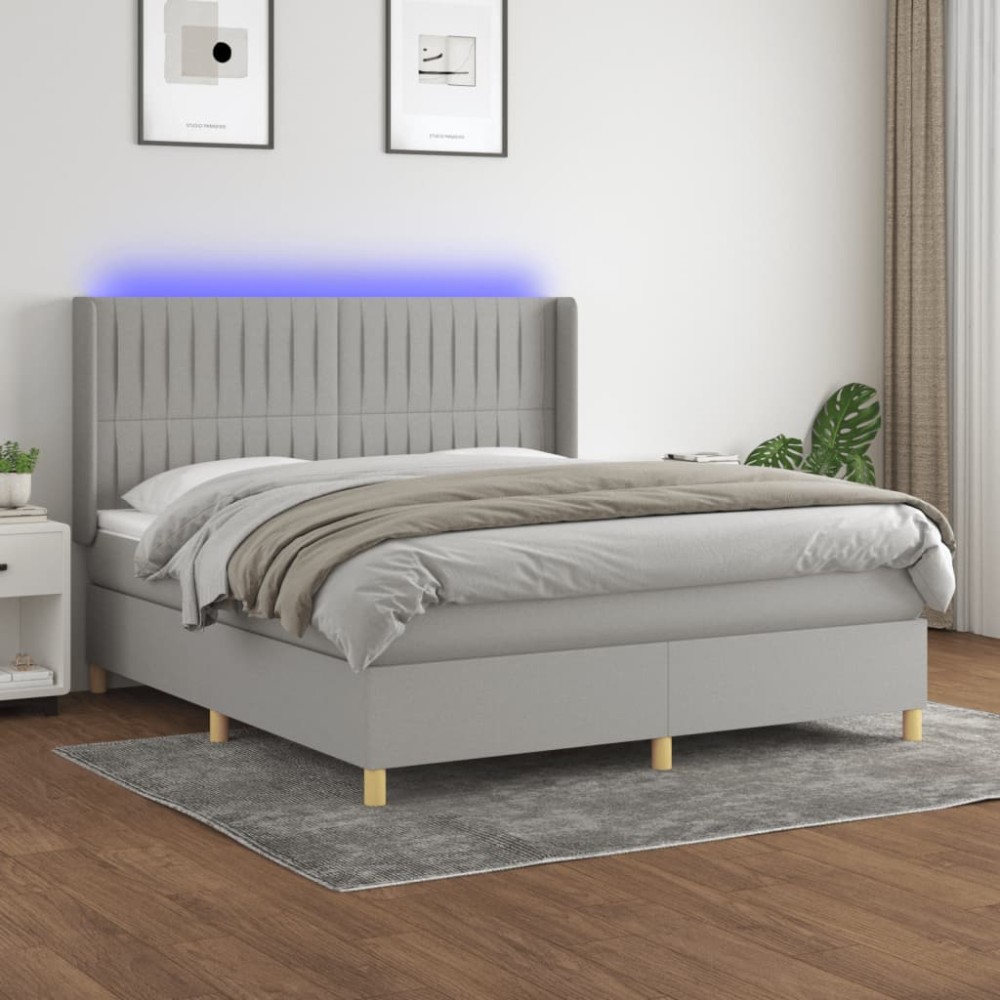 vidaXL Pat cu arcuri, saltea și LED, gri deschis, 180x200 cm, textil