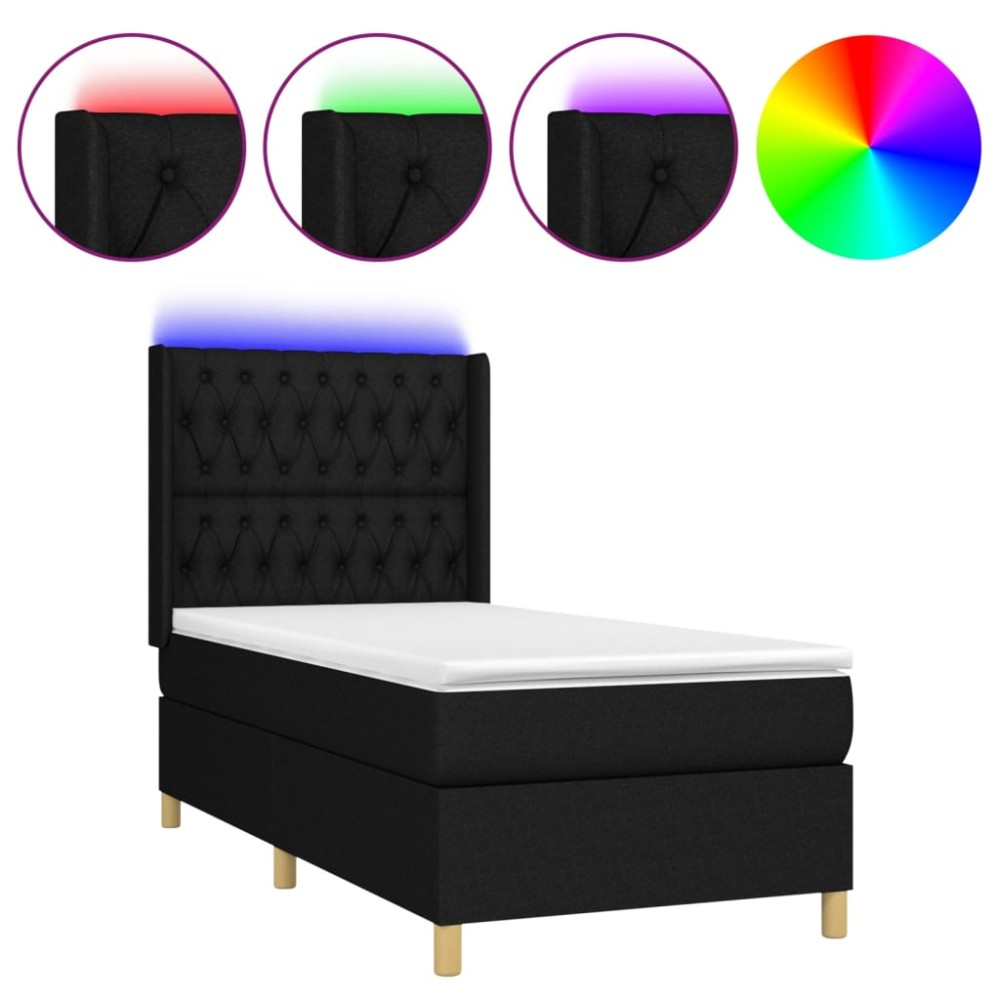 vidaXL Pat cu arcuri, saltea și LED, negru, 90x200 cm, textil
