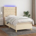 vidaXL Pat cu arcuri, saltea și LED, crem, 90x200 cm, textil vidaXL Pat cu arcuri, saltea și LED, crem, 90x200 cm, textil