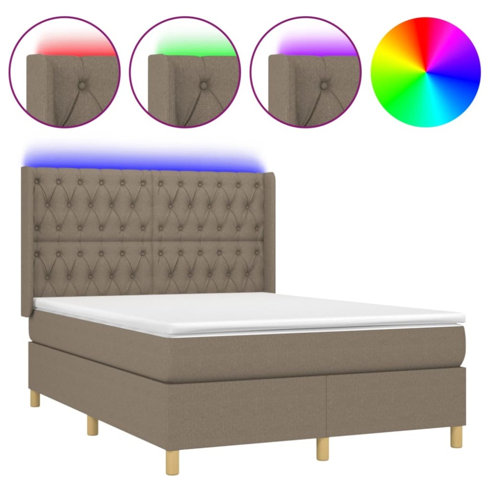 vidaXL Pat cu arcuri, saltea și LED, gri taupe, 140x190 cm, textil