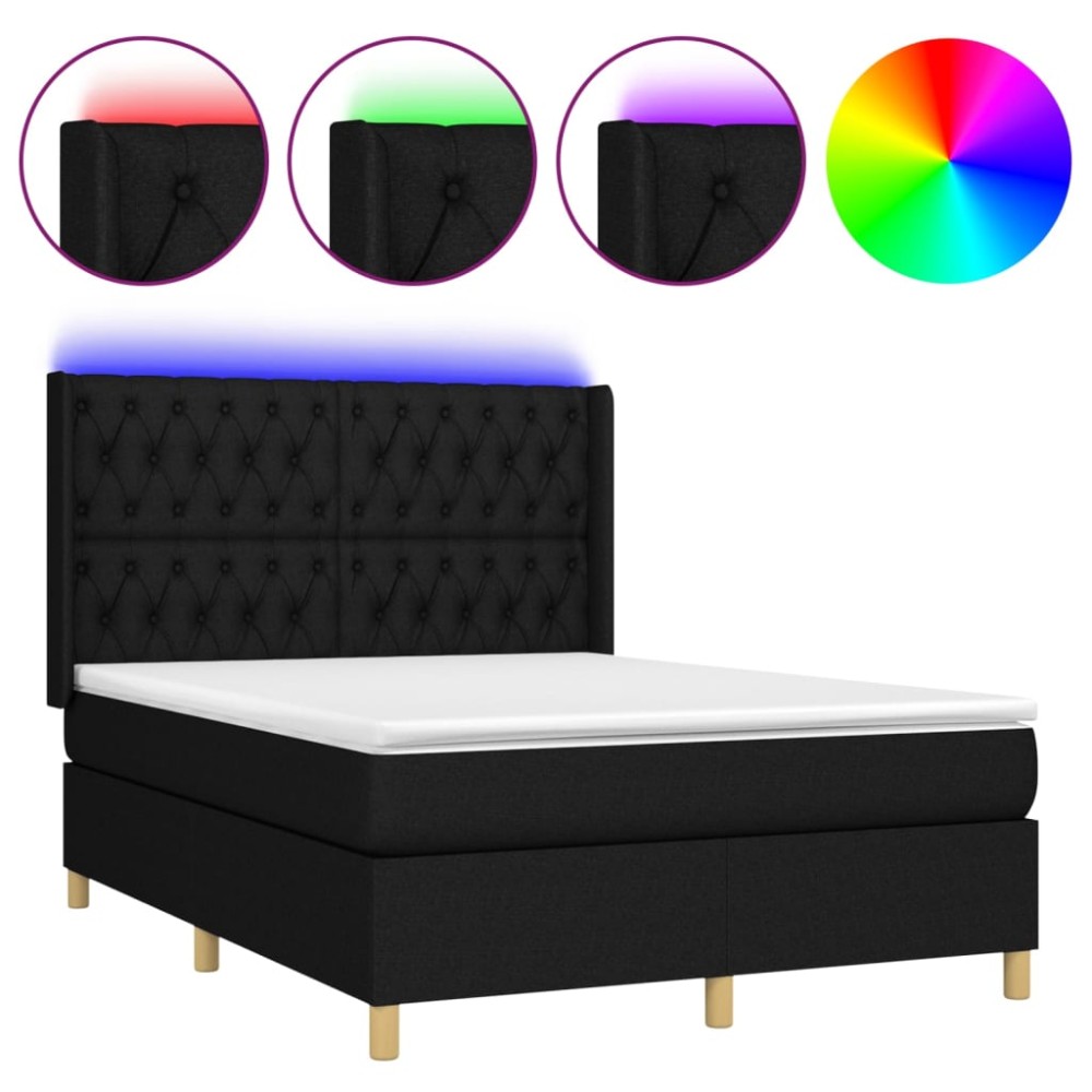 vidaXL Pat cu arcuri, saltea și LED, negru, 140x200 cm, textil
