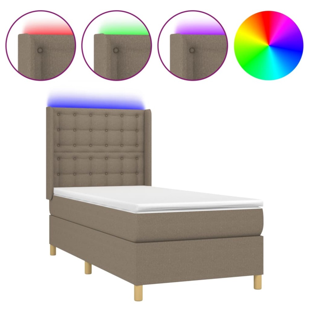 vidaXL Pat cu arcuri, saltea și LED, gri taupe, 90x200 cm, textil
