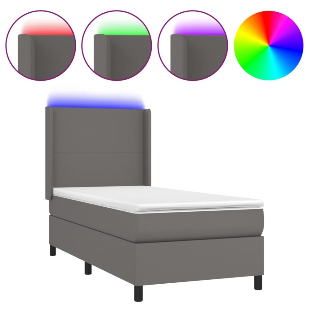 vidaXL Pat cu arcuri, saltea și LED, gri, 90x200 cm, piele ecologică