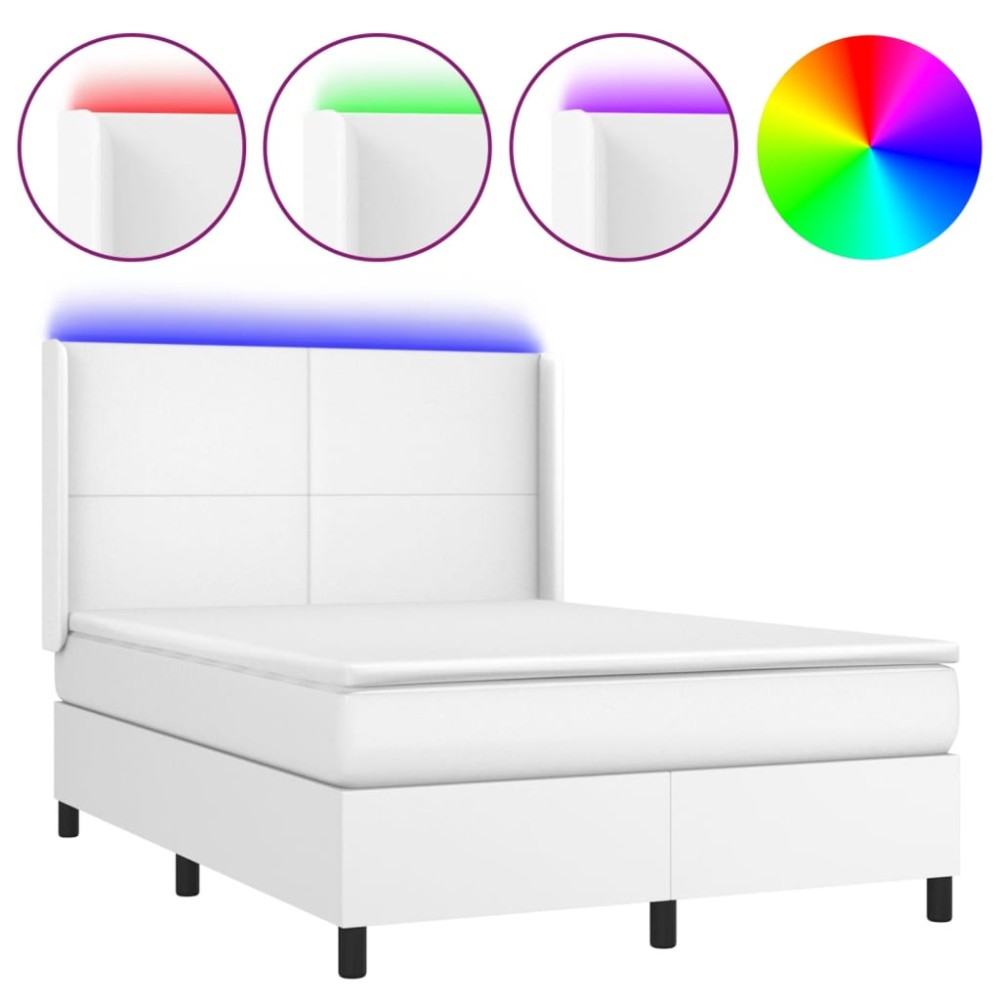 vidaXL Pat cu arcuri, cu saltea și LED, alb, 140x190 cm, piele eco