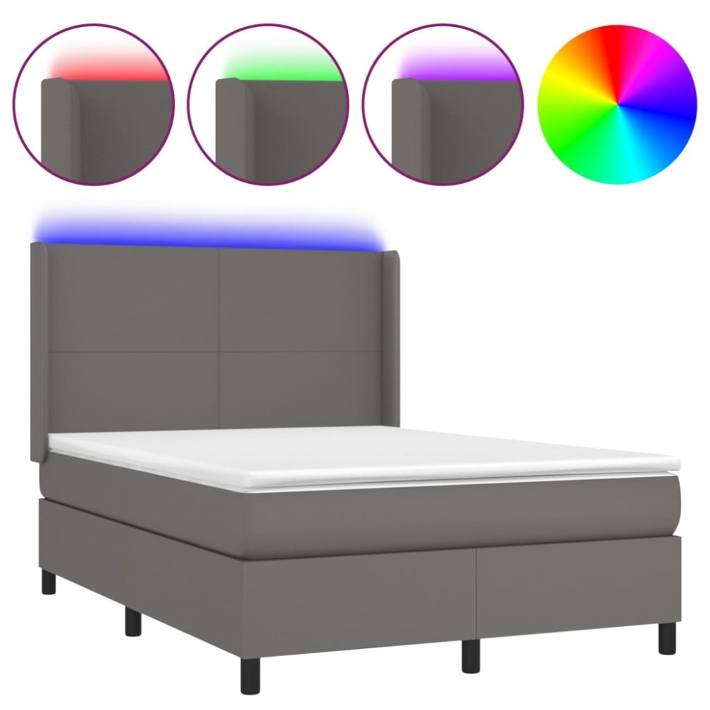 vidaXL Pat cu arcuri, saltea și LED, gri, 140x190 cm, piele ecologică