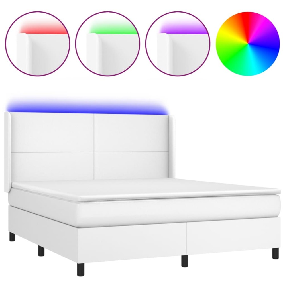 vidaXL Pat cu arcuri, saltea și LED, alb, 160x200 cm, piele ecologică