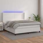 vidaXL Pat cu arcuri, cu saltea și LED, alb, 180x200 cm, piele eco vidaXL Pat cu arcuri, cu saltea și LED, alb, 180x200 cm, piele eco