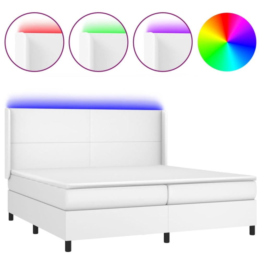 vidaXL Pat cu arcuri, cu saltea și LED, alb, 200x200 cm, piele eco