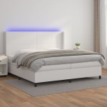 vidaXL Pat cu arcuri, cu saltea și LED, alb, 200x200 cm, piele eco vidaXL Pat cu arcuri, cu saltea și LED, alb, 200x200 cm, piele eco