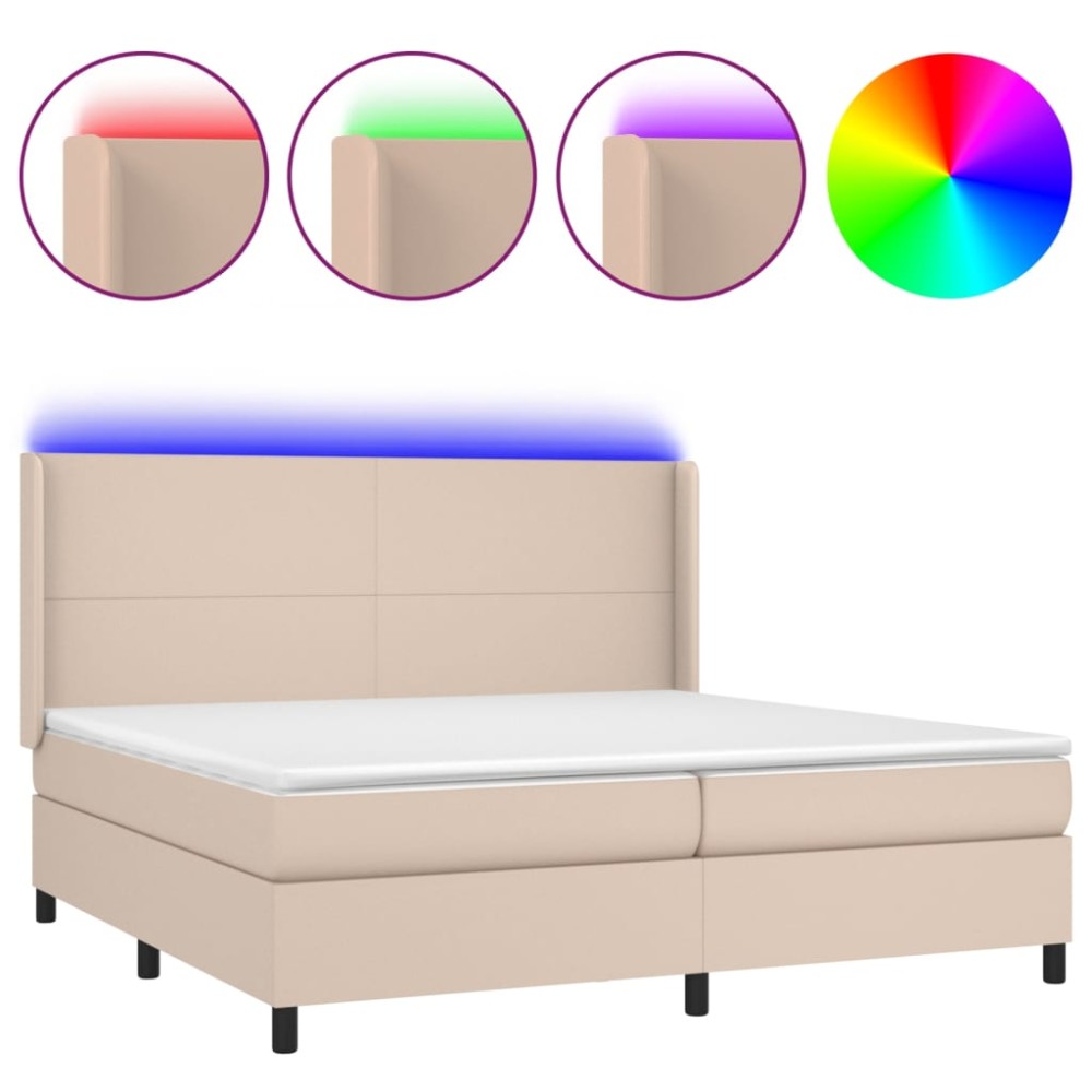 vidaXL Pat cu arcuri, saltea și LED, cappuccino, 200x200 cm, piele eco