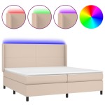vidaXL Pat cu arcuri, saltea și LED, cappuccino, 200x200 cm, piele eco