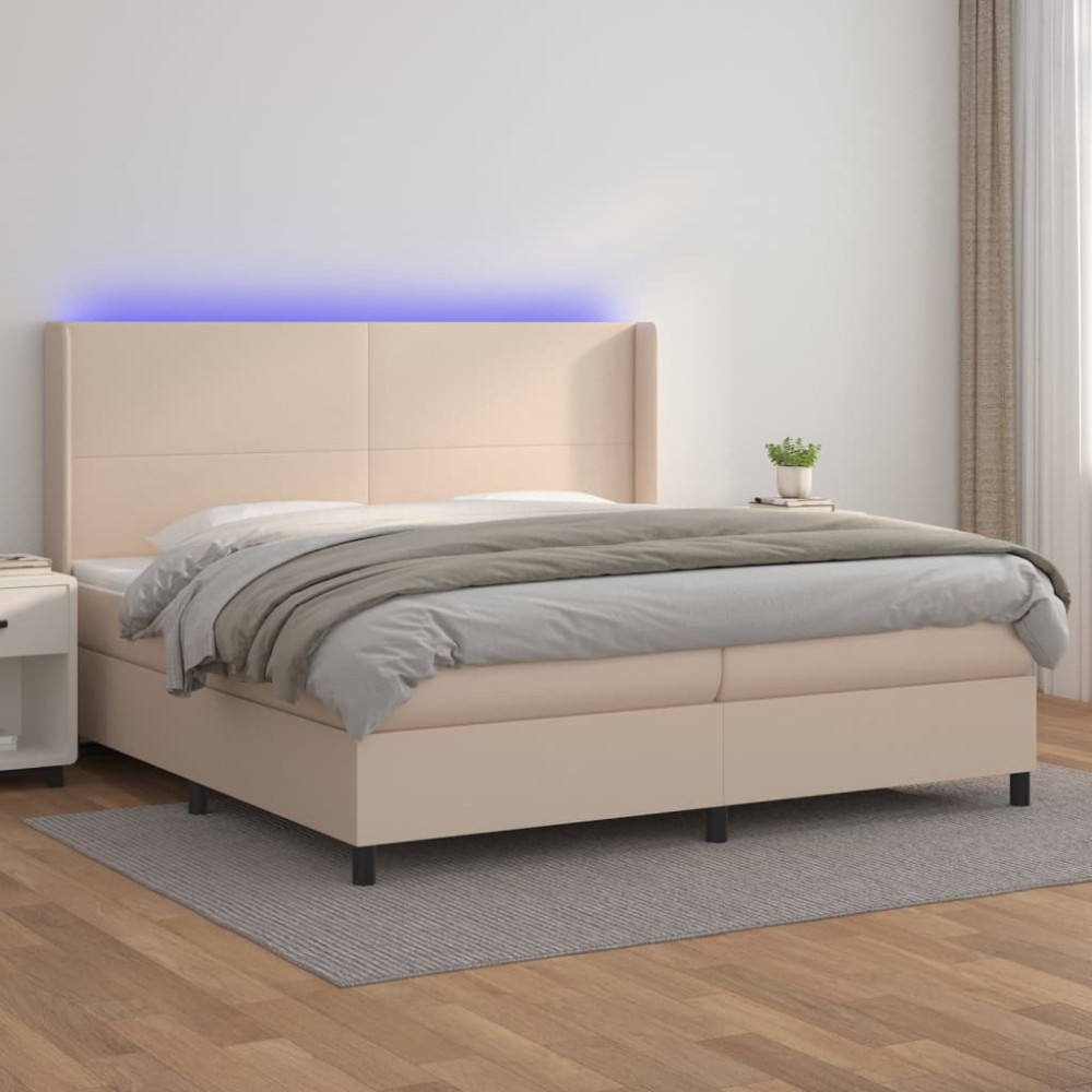 vidaXL Pat cu arcuri, saltea și LED, cappuccino, 200x200 cm, piele eco