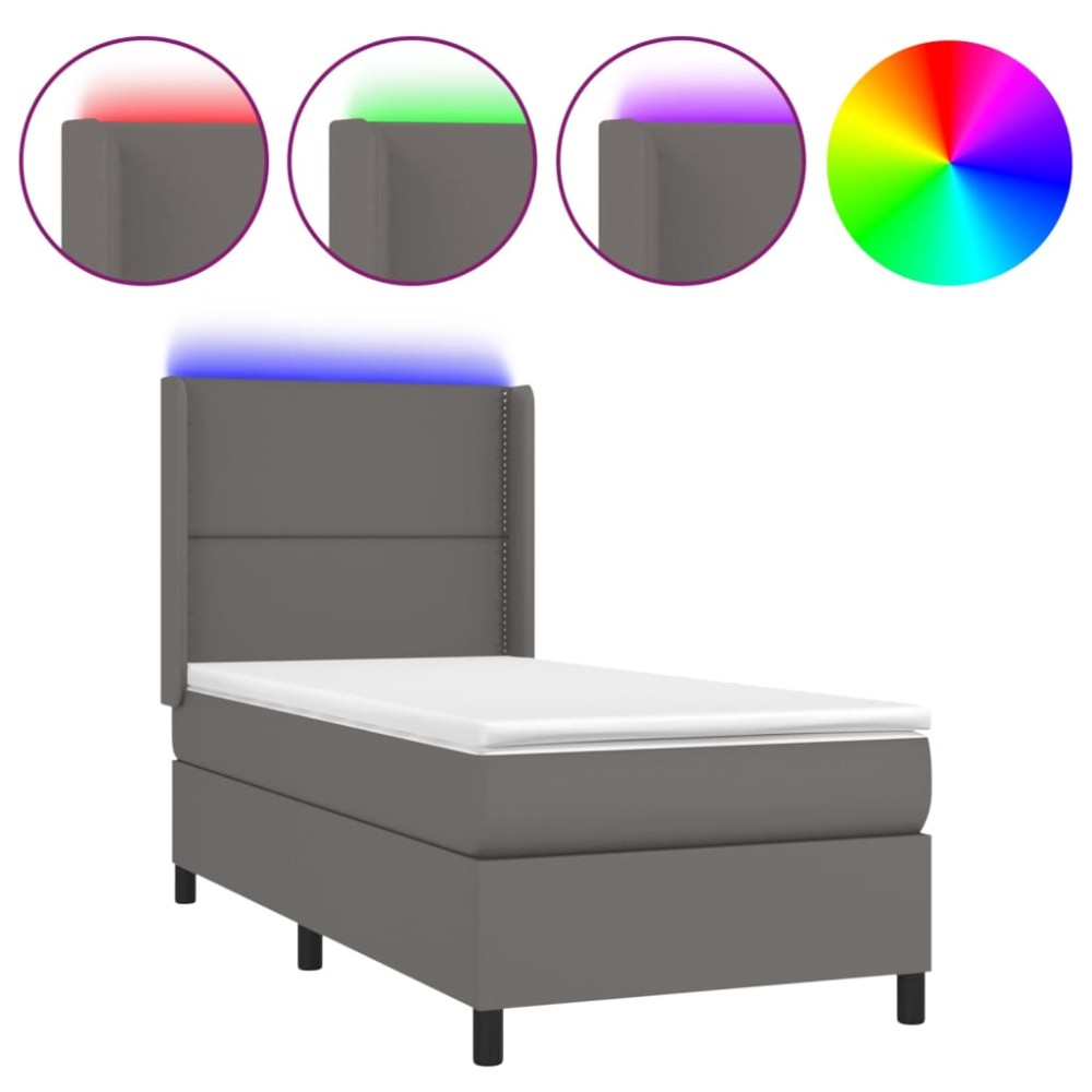 vidaXL Pat cu arcuri, saltea și LED, gri, 90x190 cm, piele ecologică