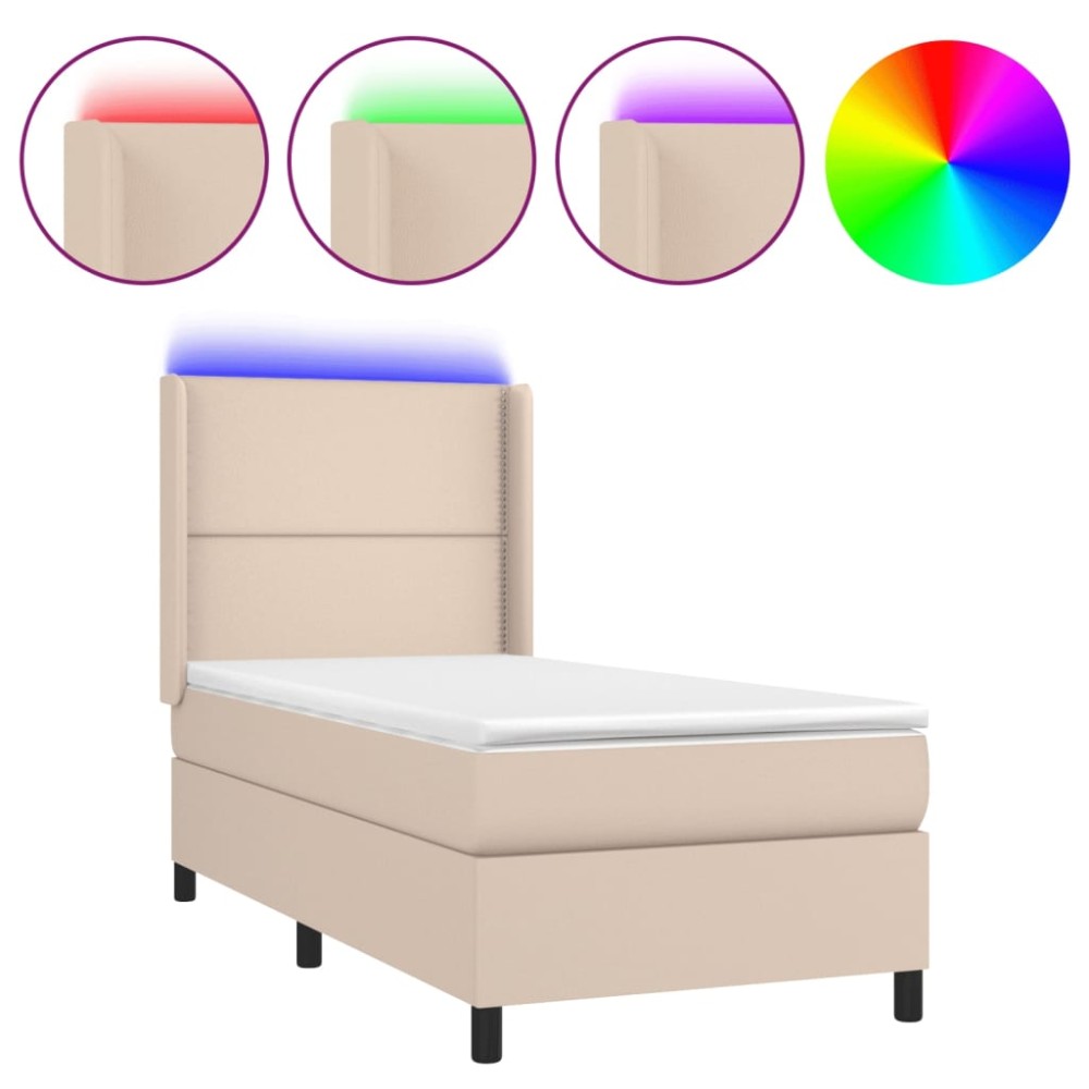 vidaXL Pat cu arcuri, saltea și LED, cappuccino, 90x190 cm, piele eco