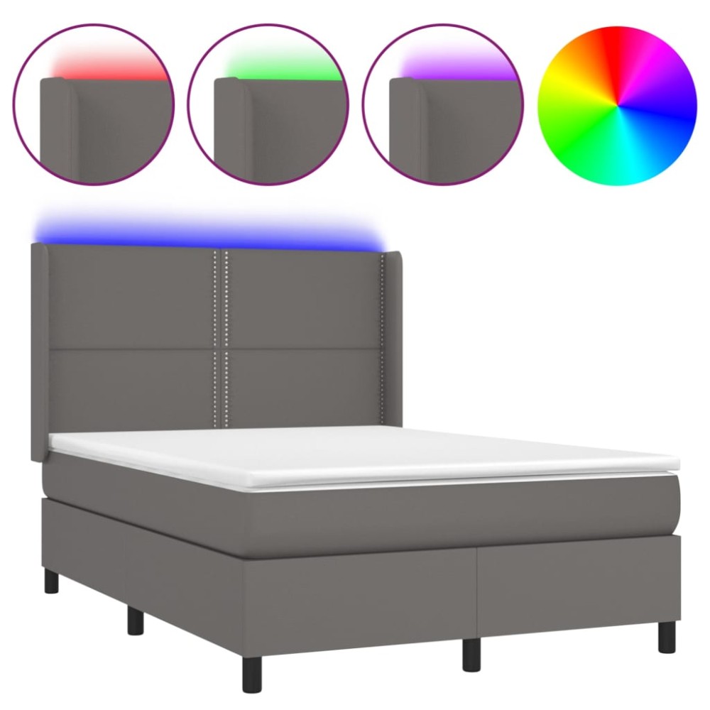 vidaXL Pat cu arcuri, cu saltea & LED, gri, 140x190 cm, piele eco