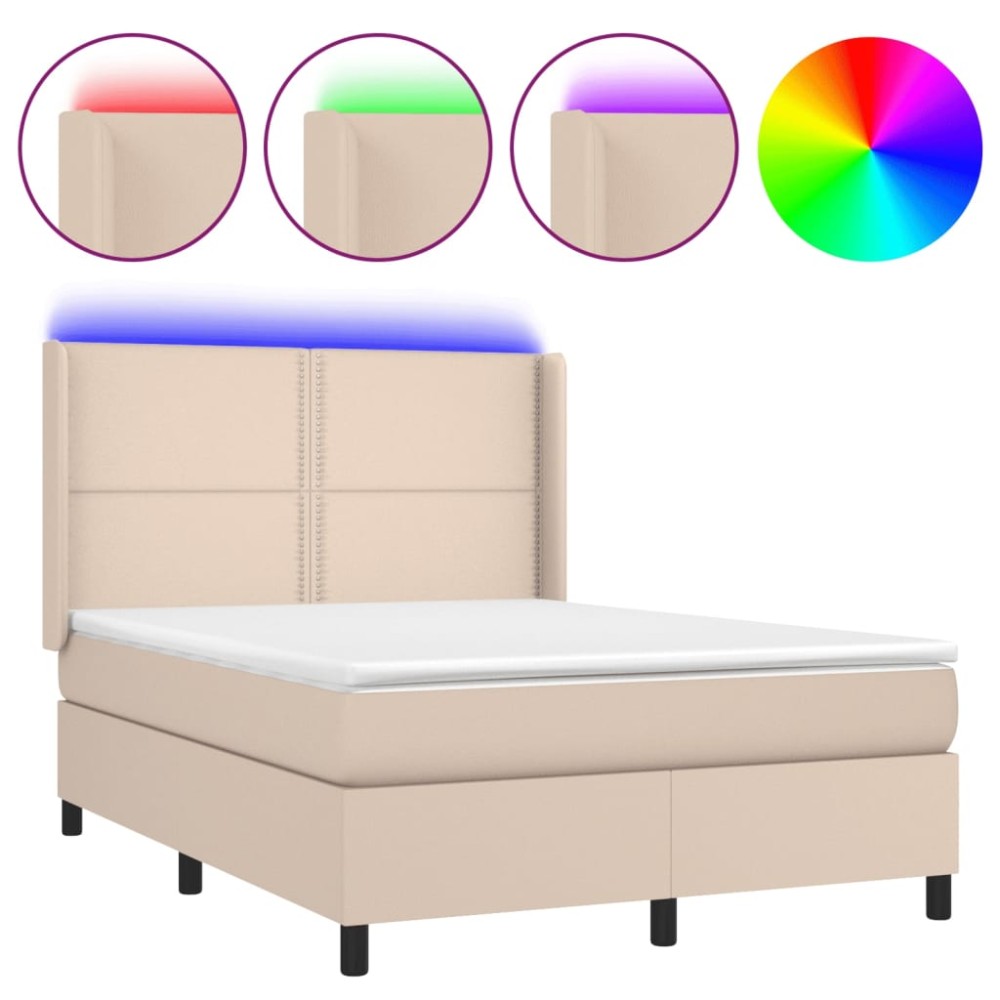 vidaXL Pat cu arcuri, cu saltea și LED cappuccino 140x190 cm piele eco