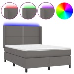 vidaXL Pat cu arcuri, saltea și LED, gri, 140x200 cm, piele eco