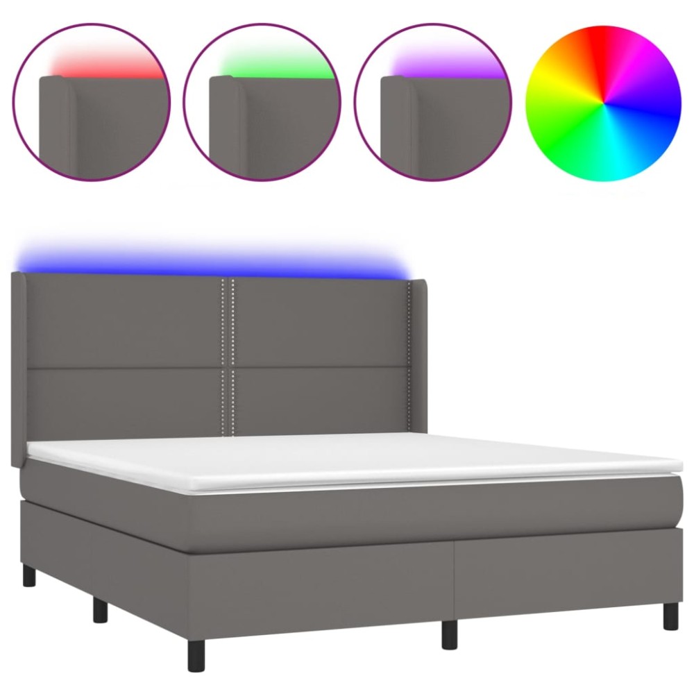 vidaXL Pat cu arcuri, saltea și LED, gri, 180x200 cm, piele ecologică