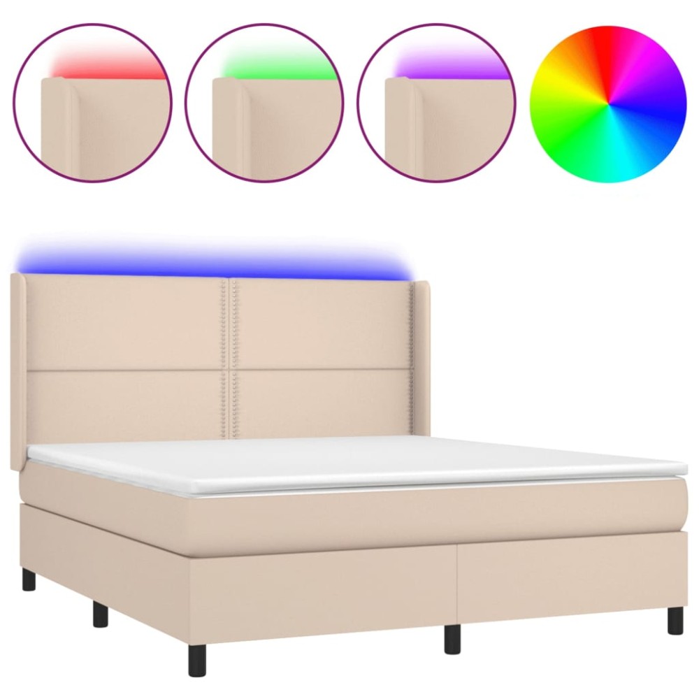 vidaXL Pat cu arcuri, cu saltea și LED cappuccino 180x200 cm piele eco