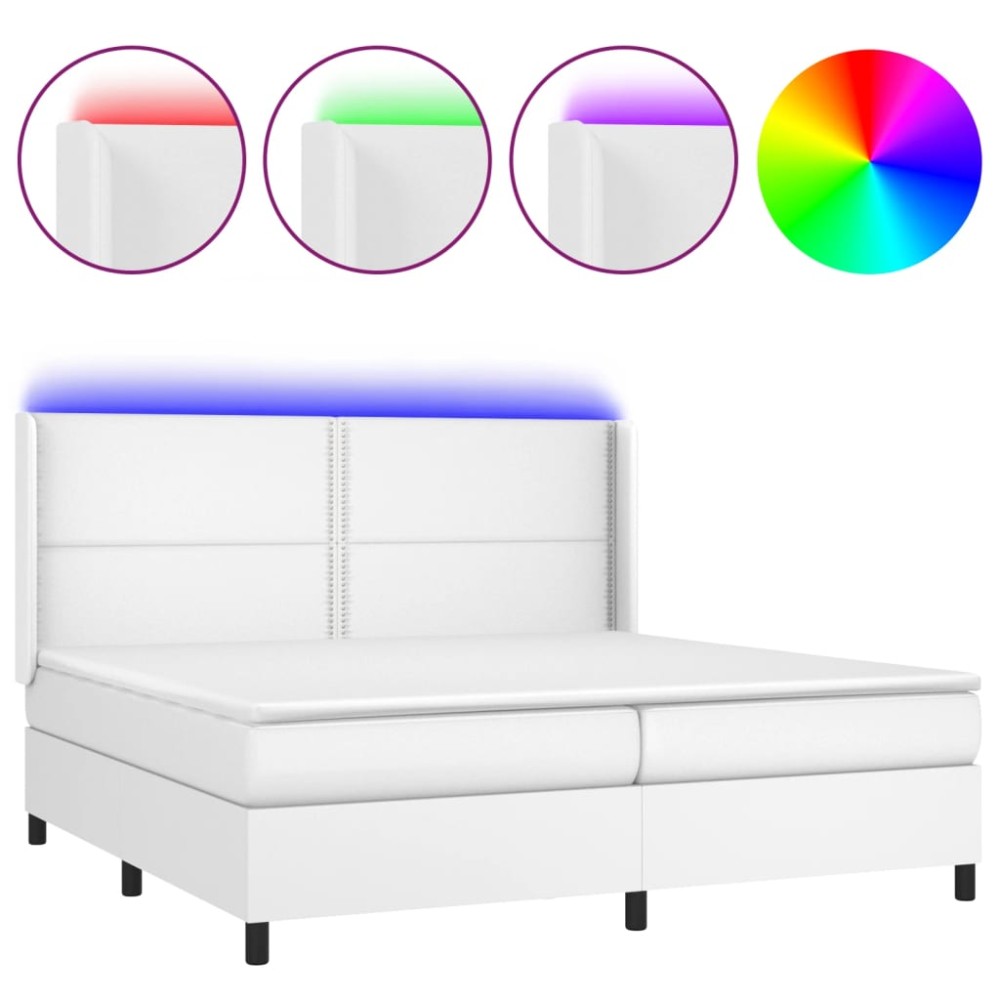 vidaXL Pat cu arcuri, saltea și LED, alb, 200x200 cm, piele ecologică