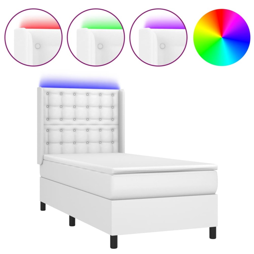 vidaXL Pat cu arcuri, saltea și LED, alb, 90x190 cm, piele ecologică