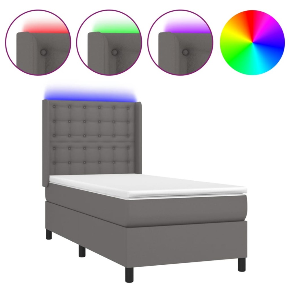 vidaXL Pat cu arcuri, saltea și LED, gri, 90x190 cm, piele ecologică