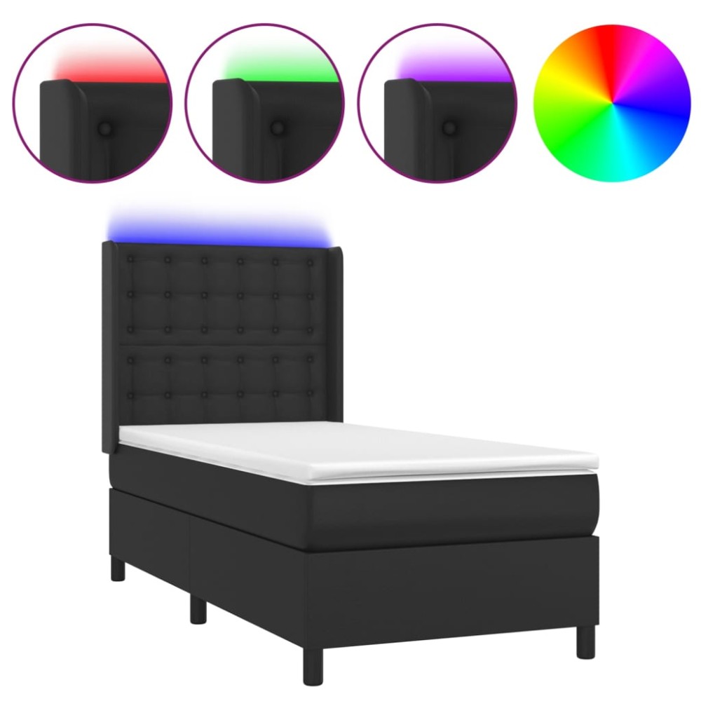 vidaXL Pat cu arcuri, saltea și LED, negru, 90x200 cm, piele ecologică