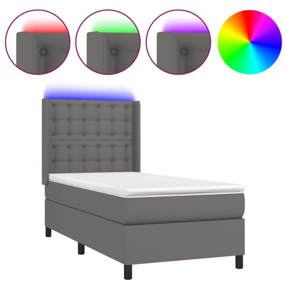 vidaXL Pat cu arcuri, saltea și LED, gri, 90x200 cm, piele ecologică