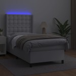 vidaXL Pat cu arcuri, saltea și LED, alb, 100x200 cm, piele ecologică
