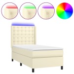 vidaXL Pat cu arcuri, saltea și LED, crem, 100x200 cm, piele ecologică