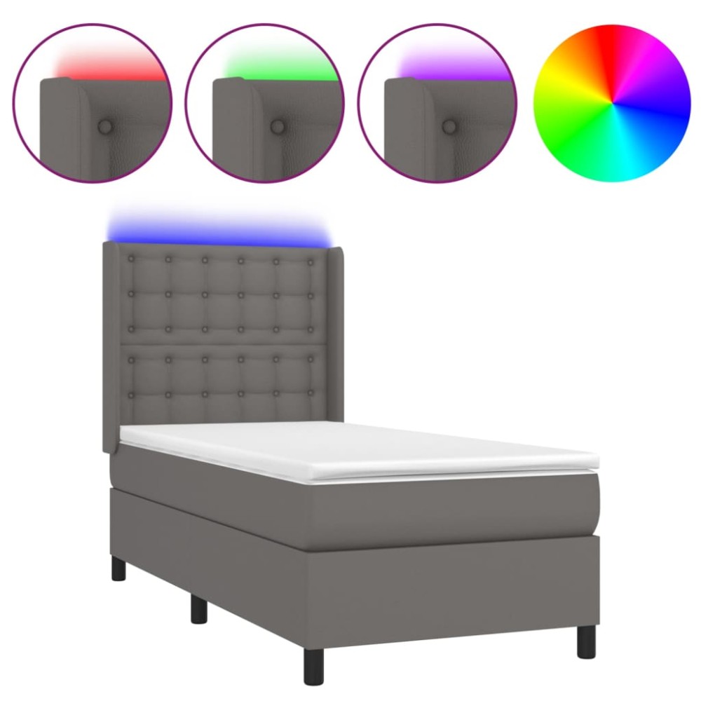 vidaXL Pat cu arcuri, saltea și LED, gri, 100x200 cm, piele ecologică