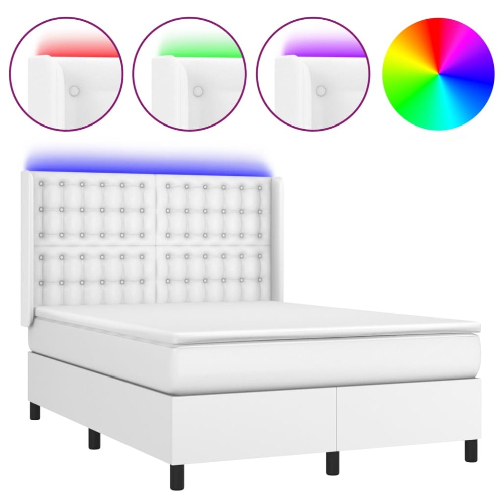 vidaXL Pat cu arcuri, saltea și LED, alb, 140x200 cm, piele eco