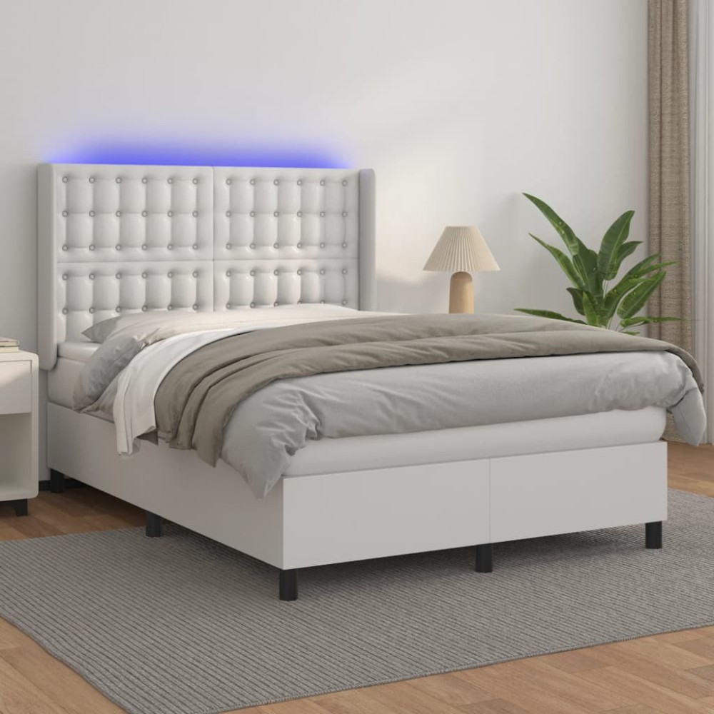 vidaXL Pat cu arcuri, saltea și LED, alb, 140x200 cm, piele eco