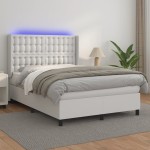 vidaXL Pat cu arcuri, saltea și LED, alb, 140x200 cm, piele eco