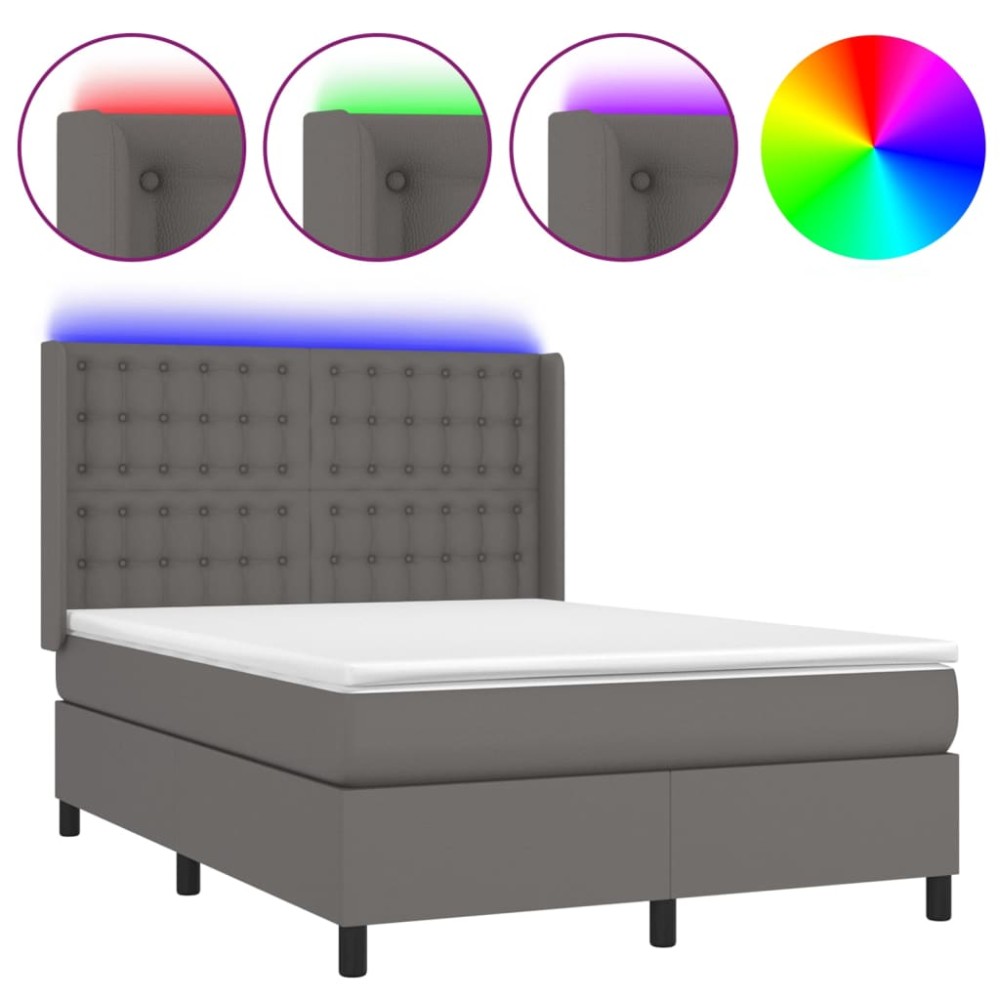 vidaXL Pat cu arcuri, saltea și LED, gri, 140x200 cm, piele eco